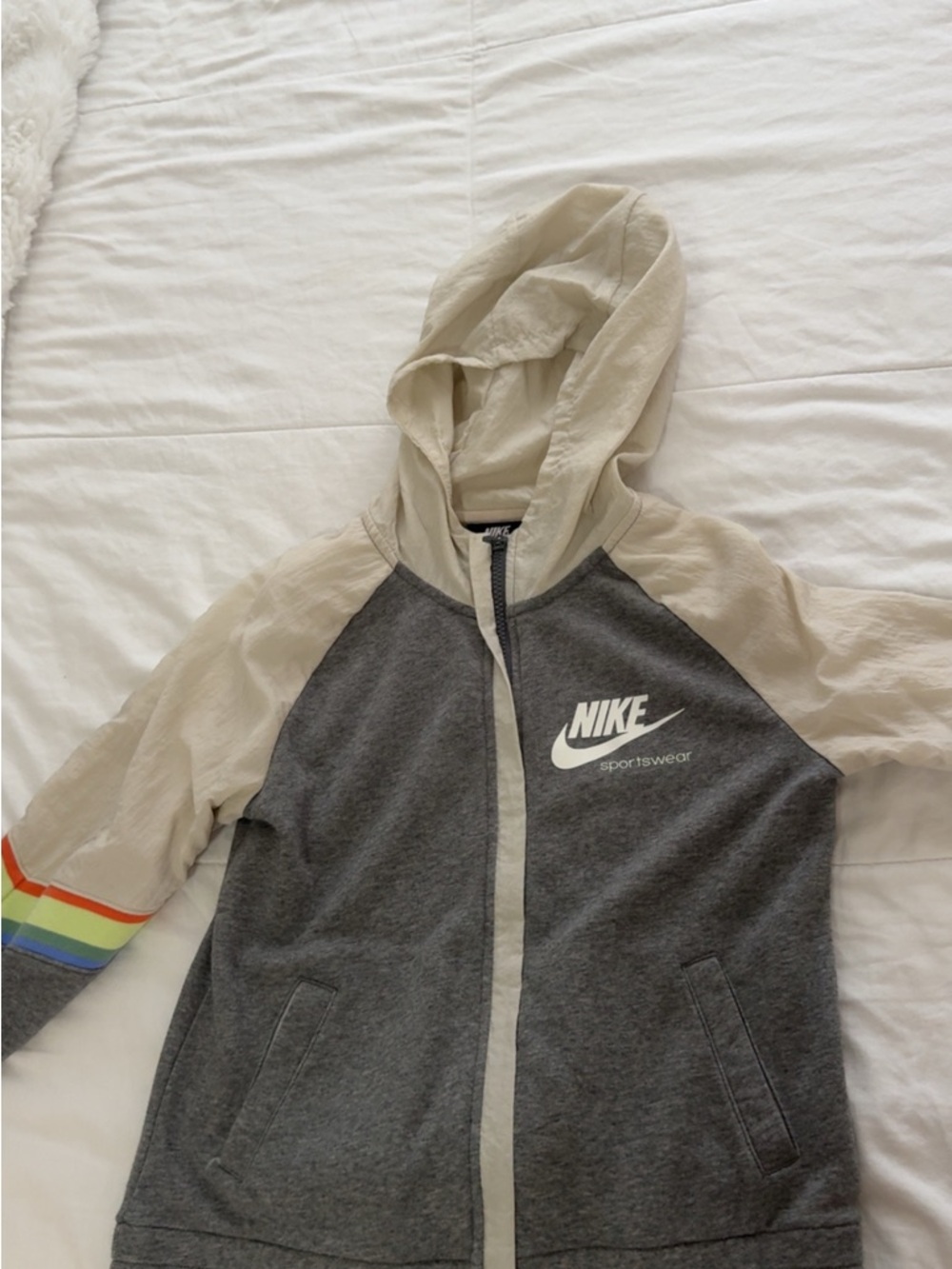 Nike Gray and Cream Hooded Jacket with White Logo